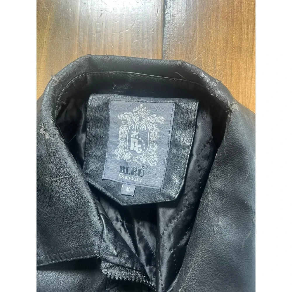 Bleu Grandeur Mens Faux Leather Moto Jacket Black Full Zip Quilted Lining Size M